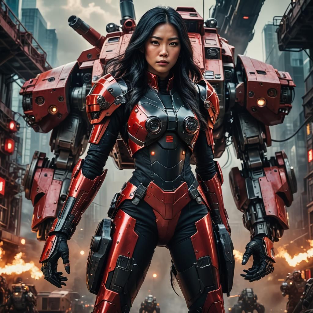 Sci-Fi Asian Woman with Mech in Photorealistic Style