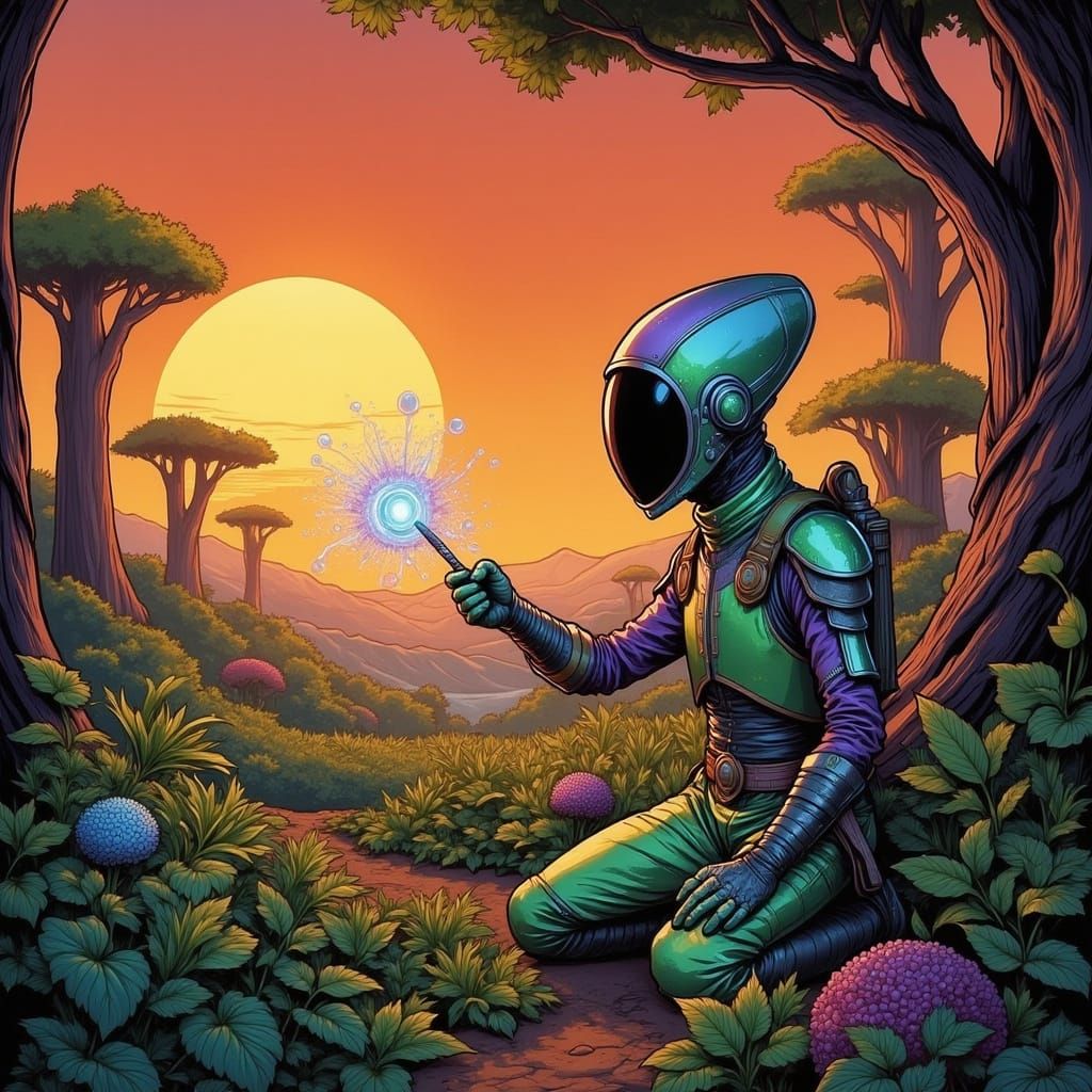 Alien Gardener on Alpha Centauri in Retro-Futuristic Style