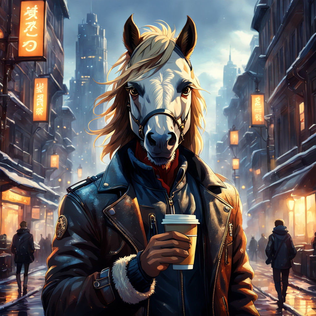 Half-Human, Half-Horse Beings Stand Against Winter Cityscape...
