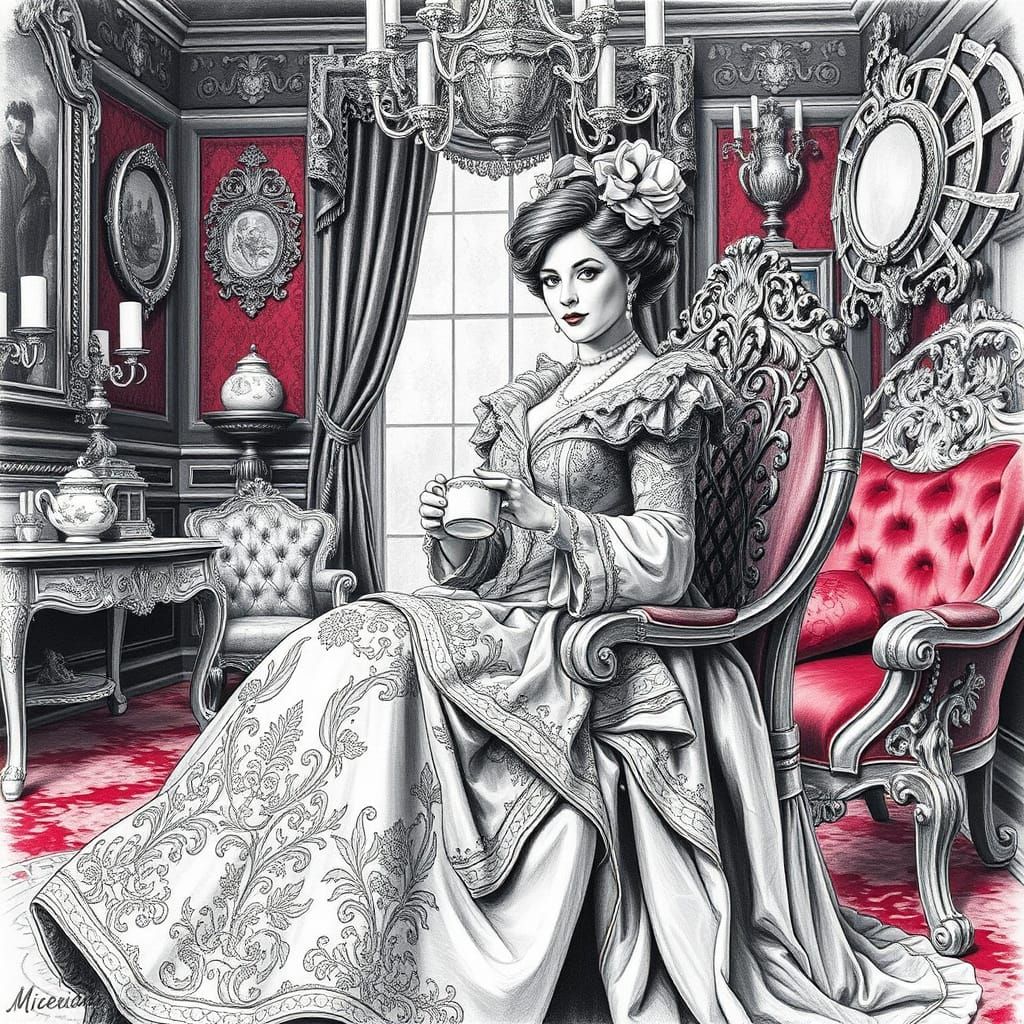 Victorian Woman Having Tea: Ornate Pencil Drawing