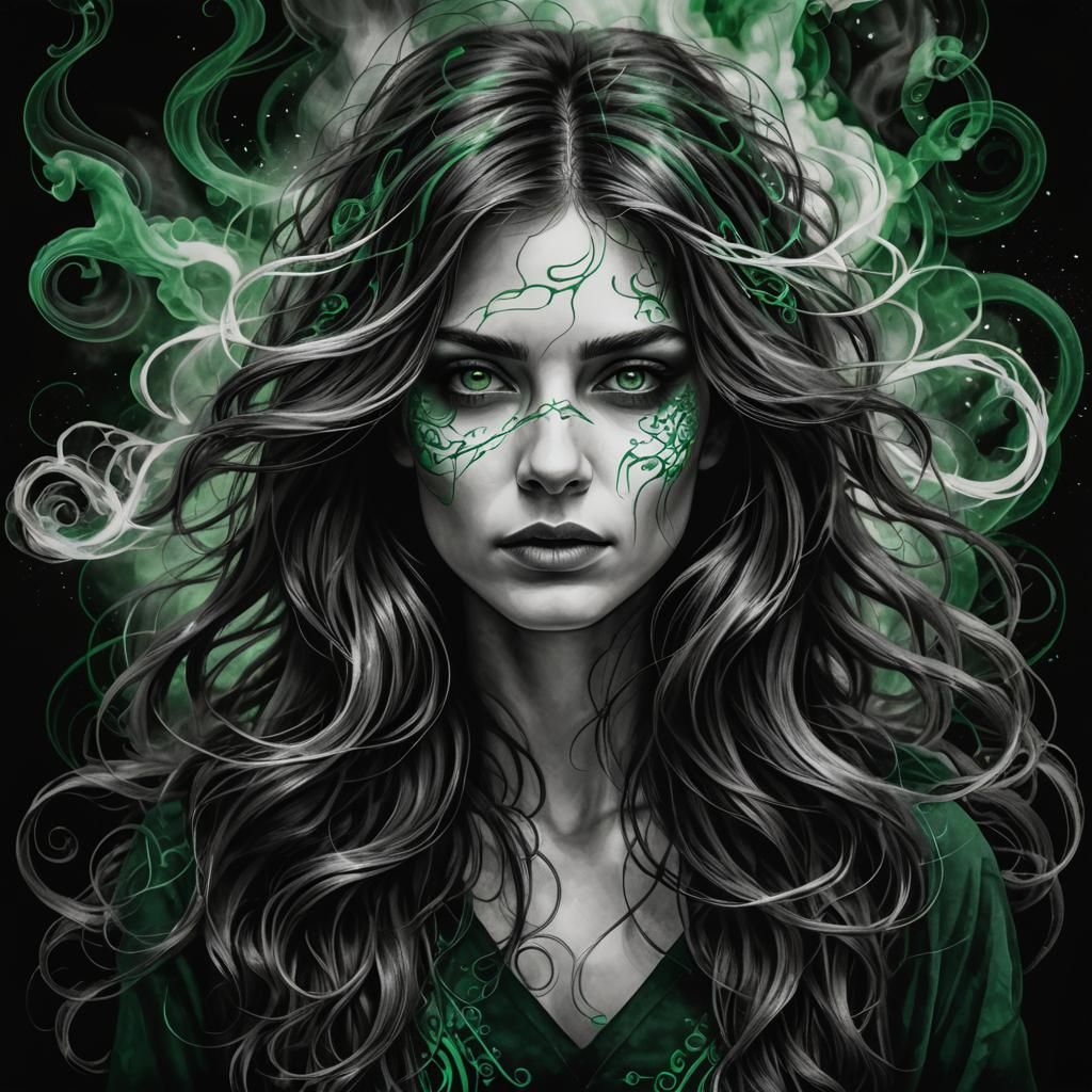 Monochrome Portrait with Emerald Eyes and Smoke