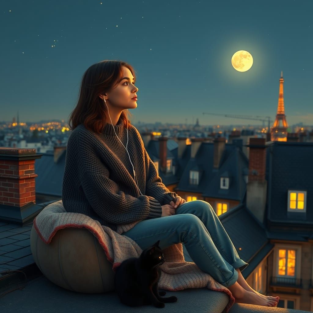 Peaceful Parisian Rooftop Scene under Starry Night Sky