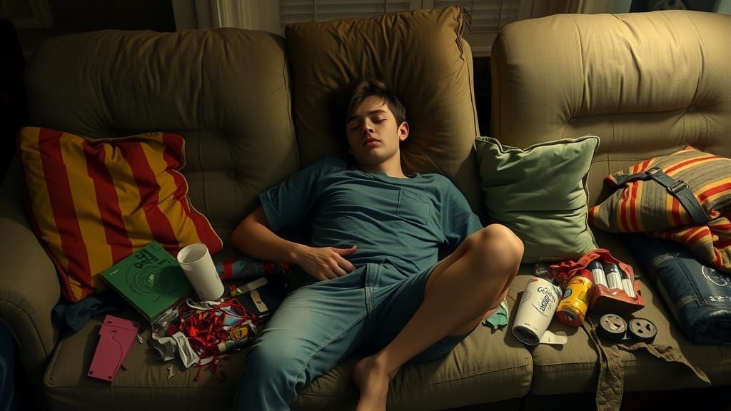 Disheveled Young Adult's Post-Party Regret: Digital Art