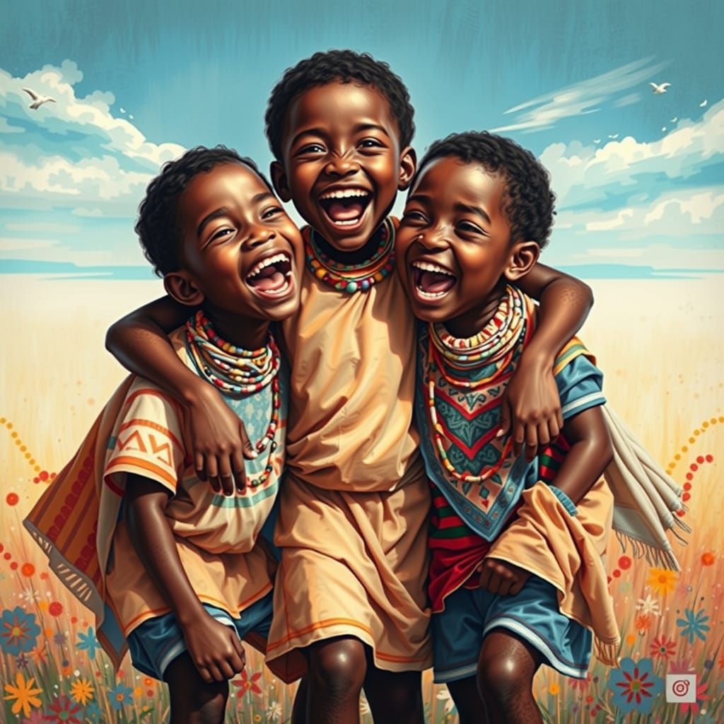 Joyful African Children Embrace in Vibrant Landscape