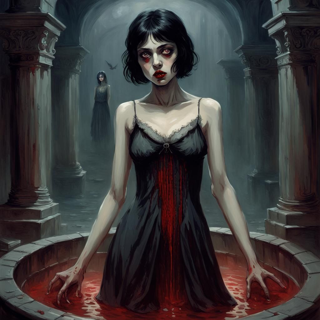 Gothic Vampire Girl in Blood Fountain