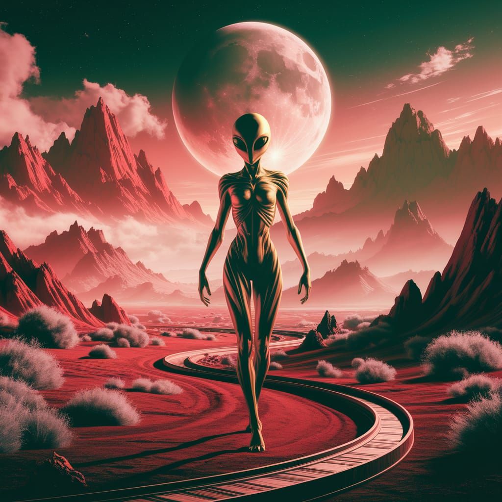 Golden Alien Figure in Surreal Landscape