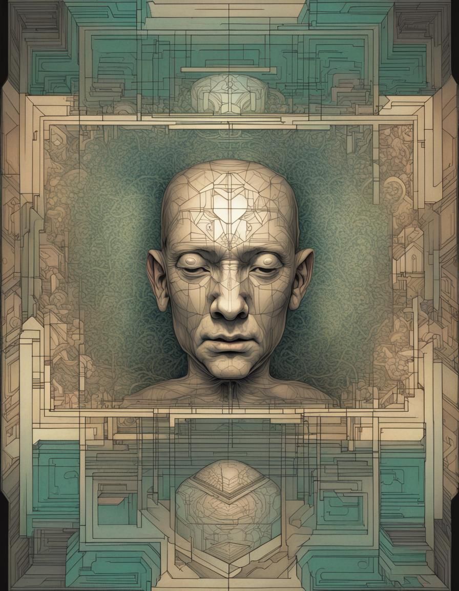 Fractal Taoist Monk in Hypercube Mirror