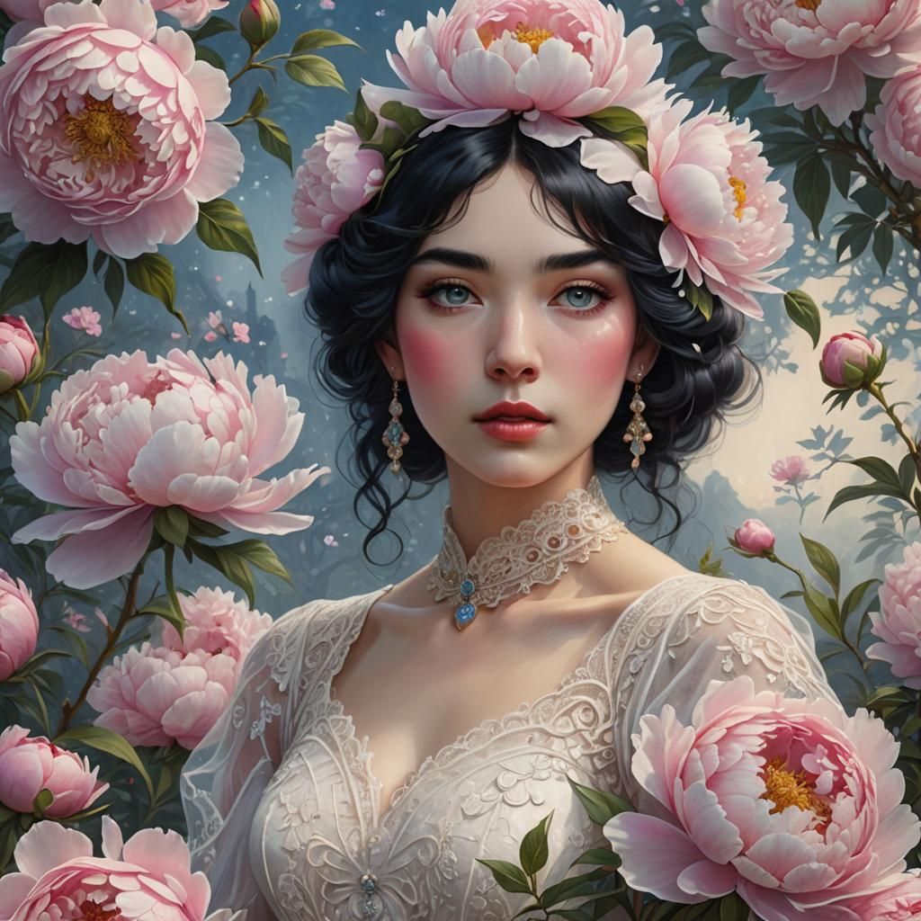 Peonies and Lady in White Lace, Art Nouveau Style