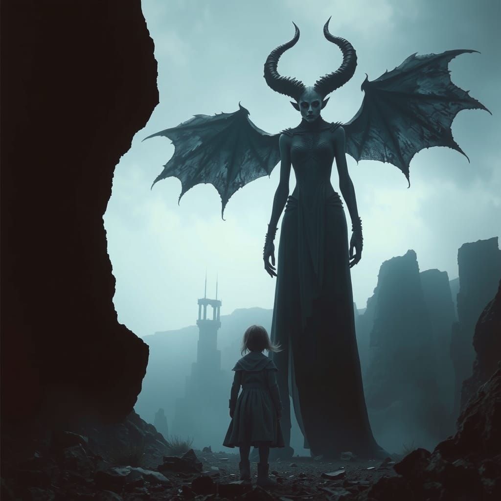 Menacing Demoness in Eerie Void Landscape