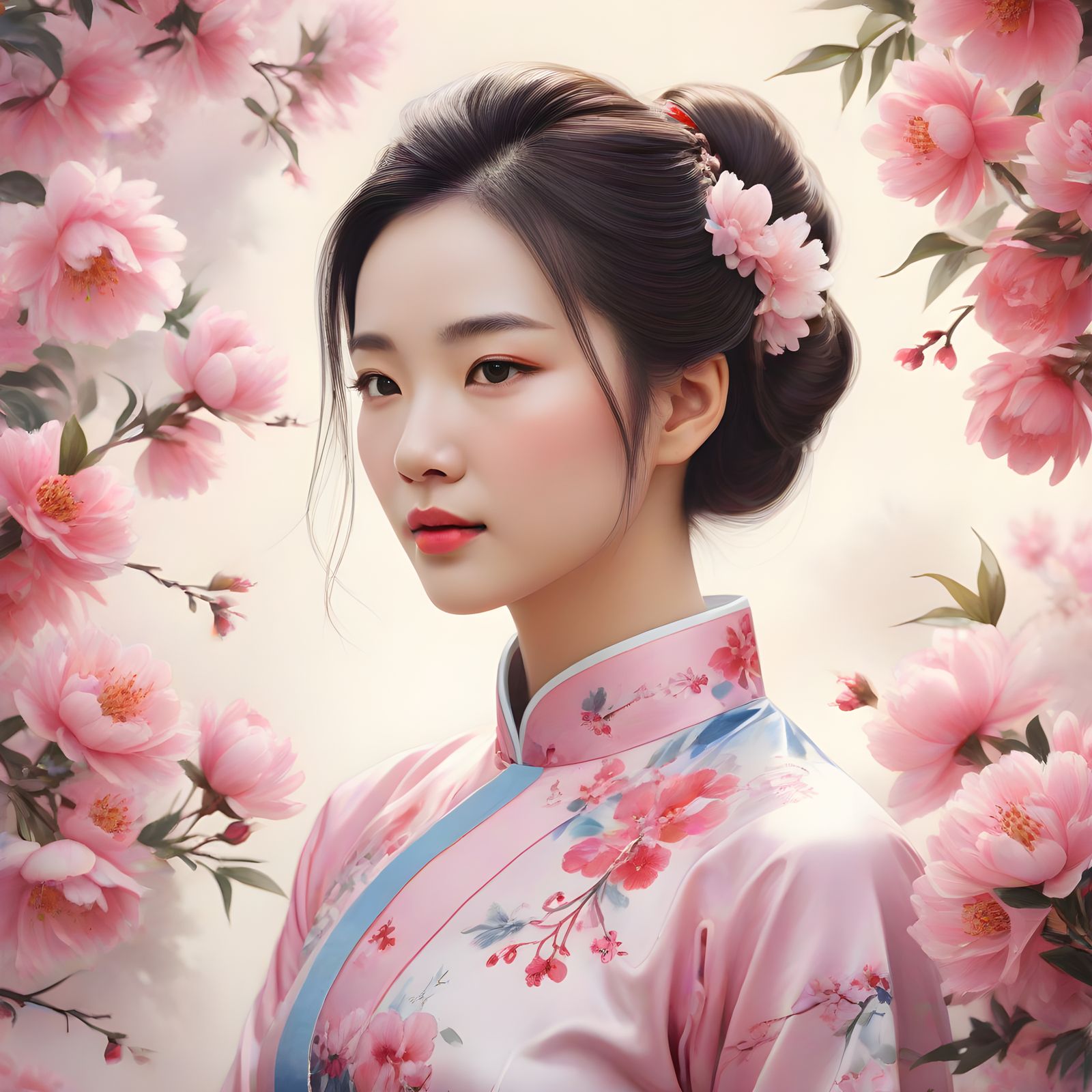 Ethereal Watercolor Portrait of a China Lady in Traditional....