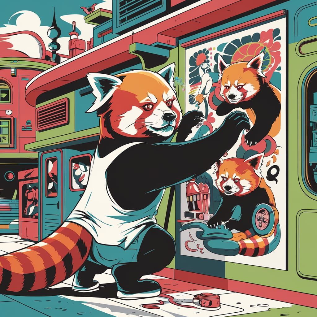 Red Panda Street Artist Paints Mural on Retro-Futuristic Bui...