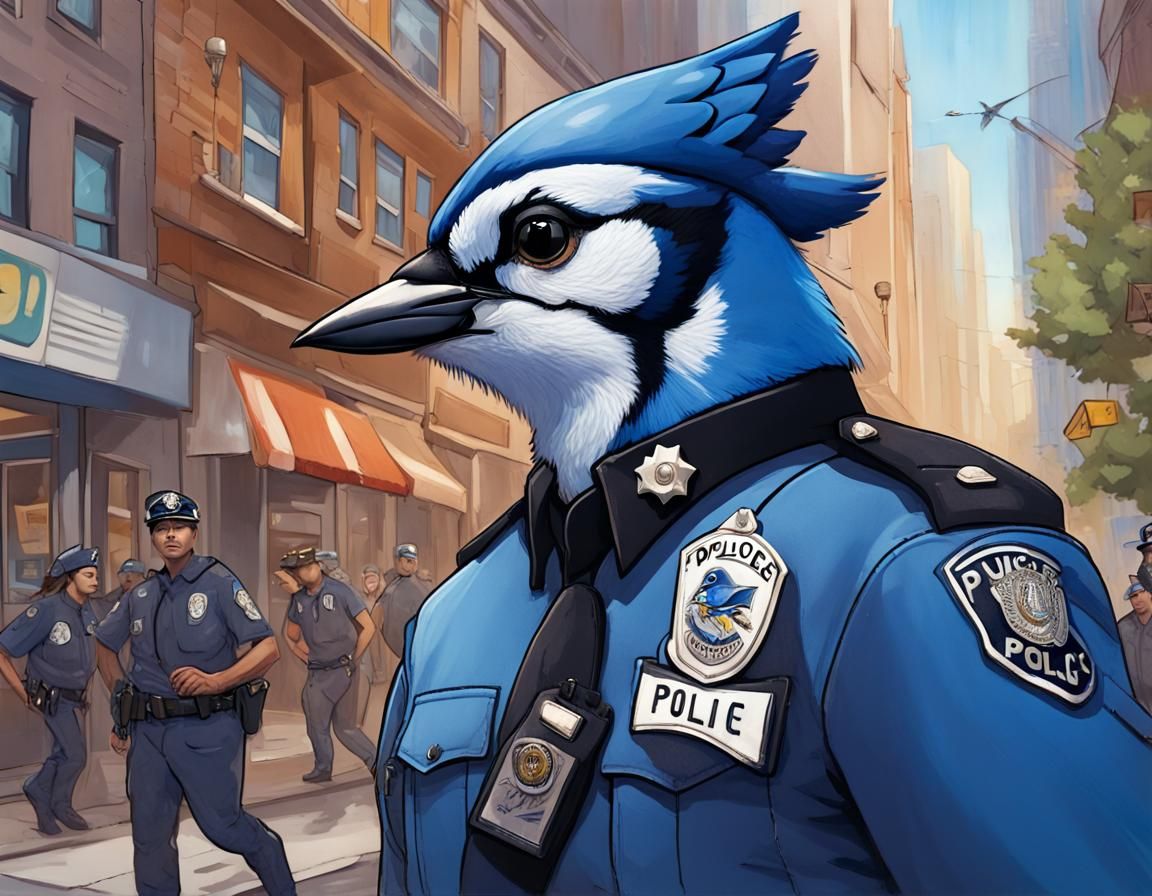Anthropomorphic Bluejay Patrols City Street: Hyperrealistic ...