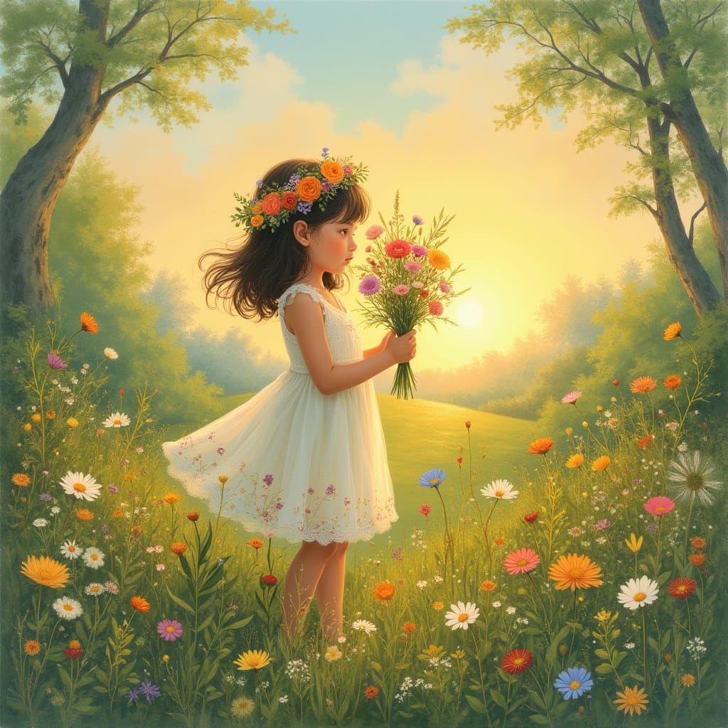 Whimsical Floral Maiden in a Lush Meadow at Sunset