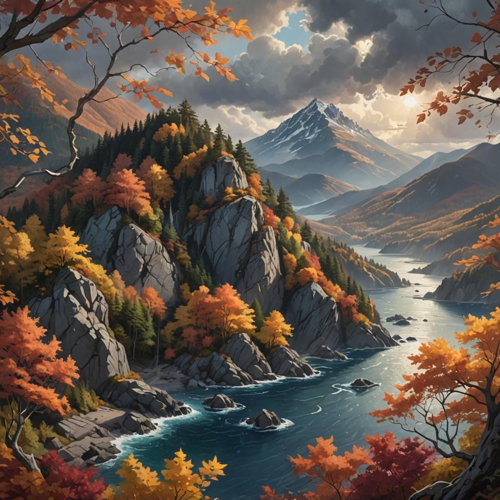 Majestic Autumn Mountain Overlooking Tranquil Sea