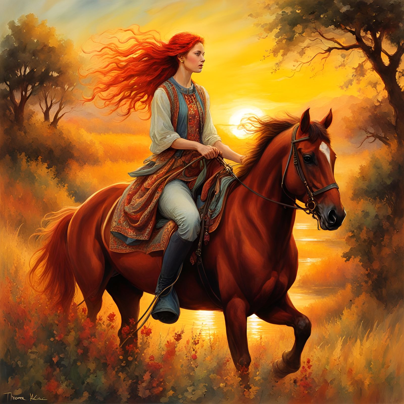 Radiant Sunset Ride: Red-Haired Woman on Horse