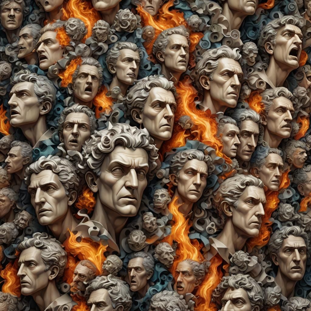 Surreal Michelangelo Heads Descending in a Spiral