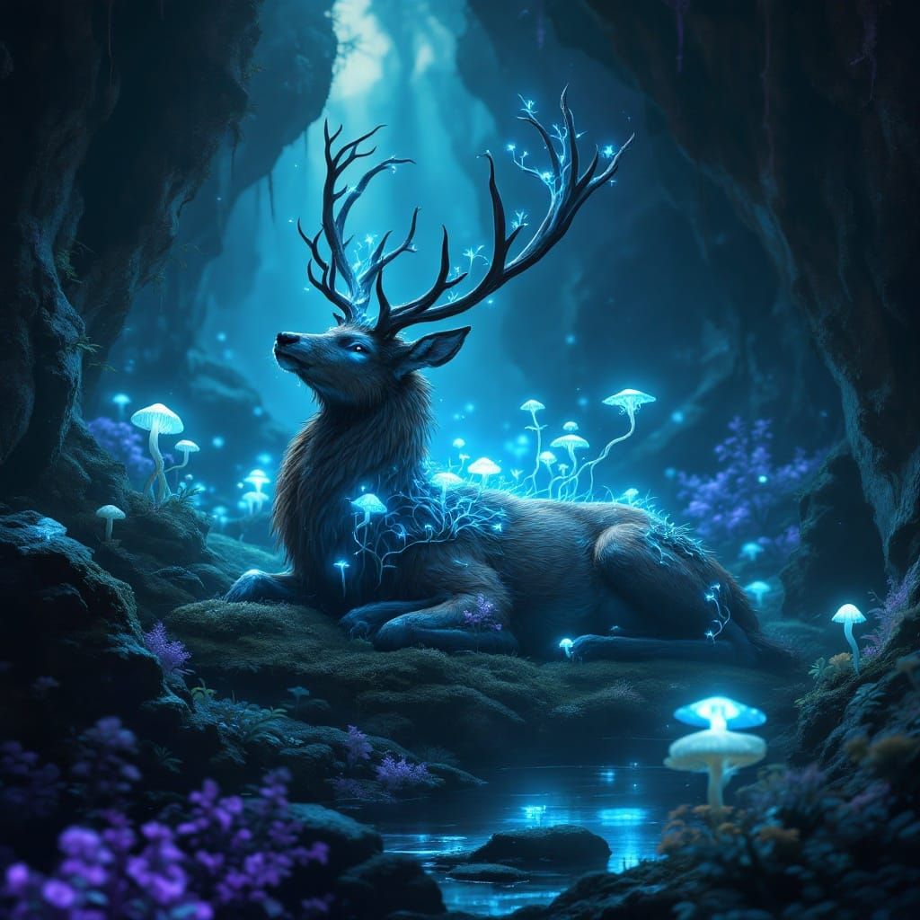 Majestic Brown Deer in Lush Bioluminescent Cave