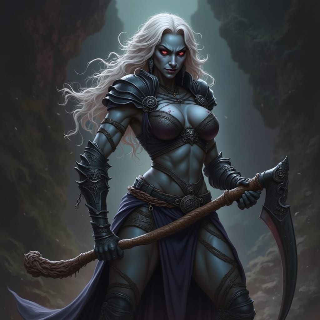 Muscular Drow Matriarch Wielding Scythe in Dark Fantasy Art