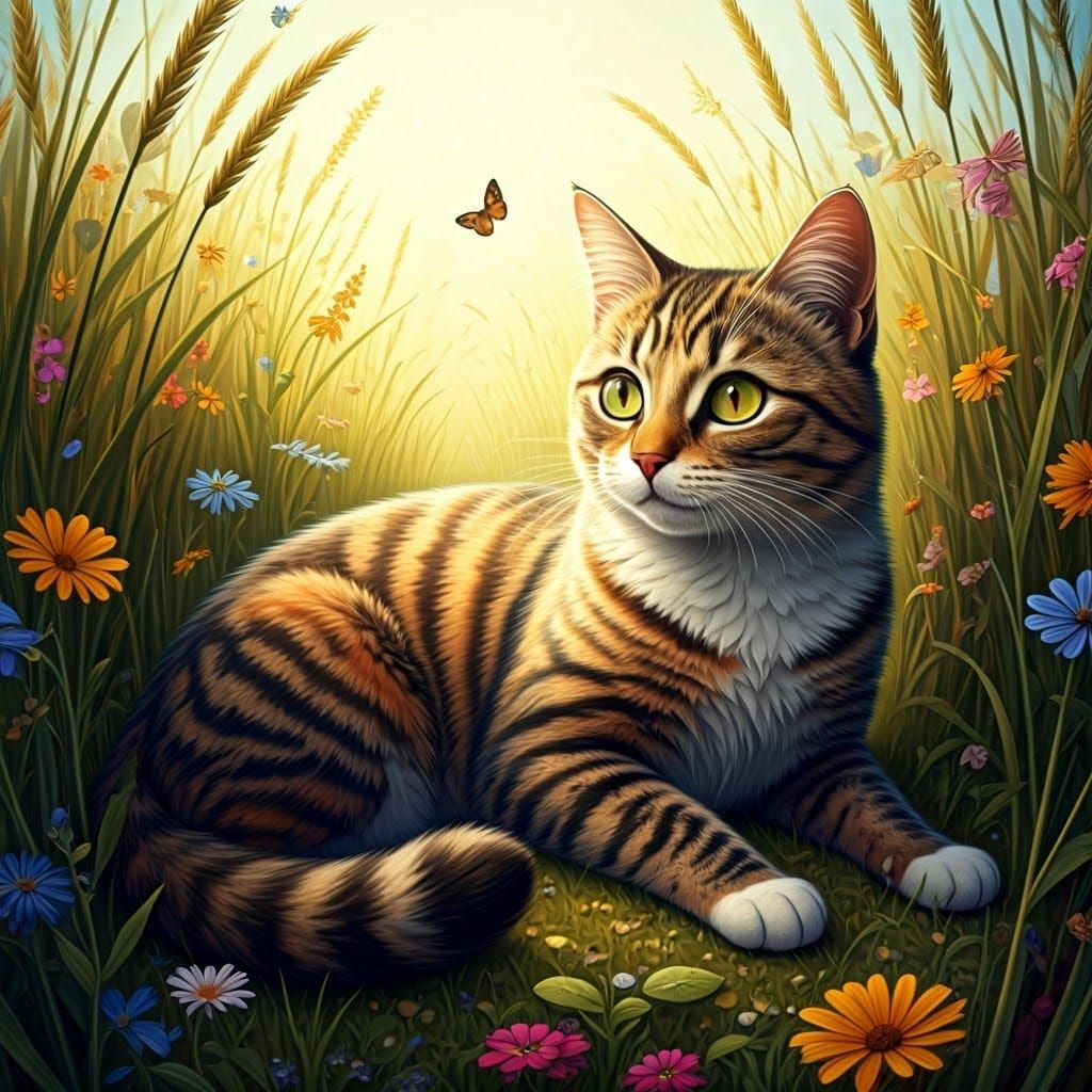 Tortoiseshell Cat in Dreamlike Flower Meadow