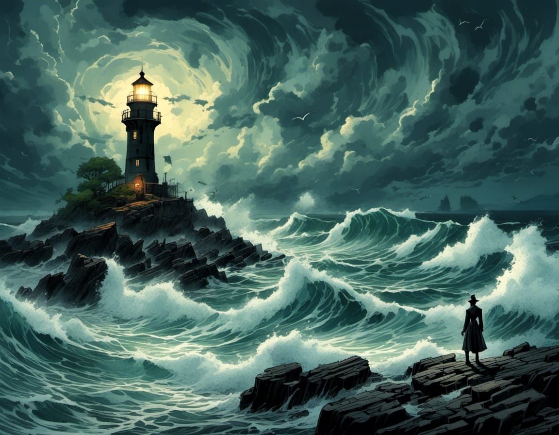 Lighthouse in Stormy Night Comic Book Art