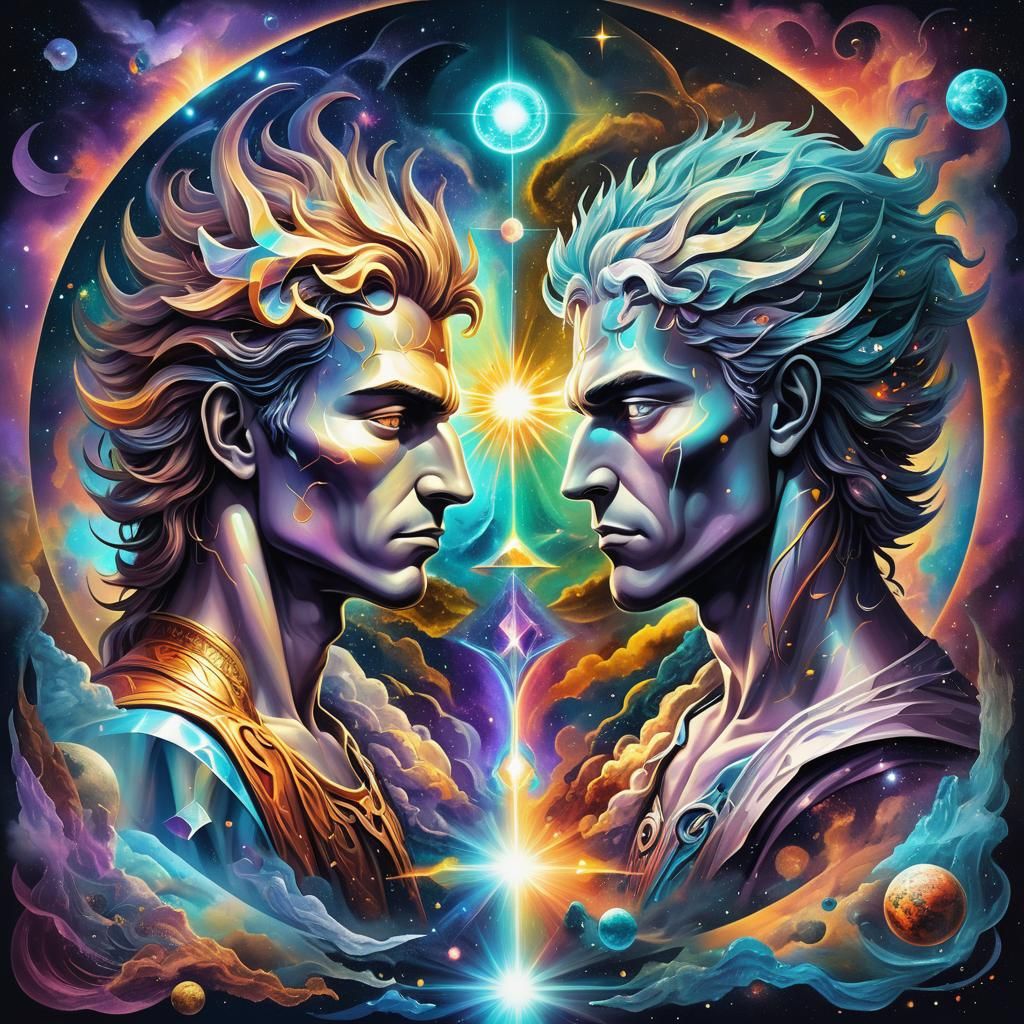 Cosmic Struggle: Holographic Astral Illustration