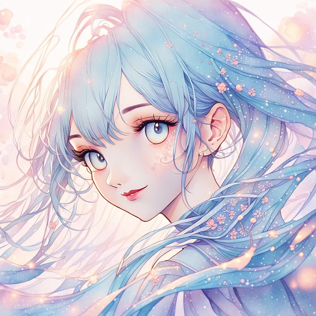 Anime Girl Portrait in Pastel Watercolor Style