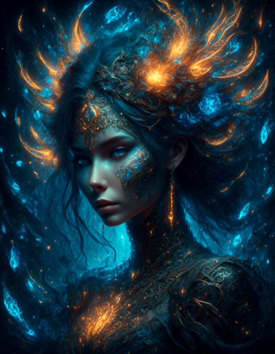 Elemental Valkyrie with Glowing Runes in Flowing Ink Style