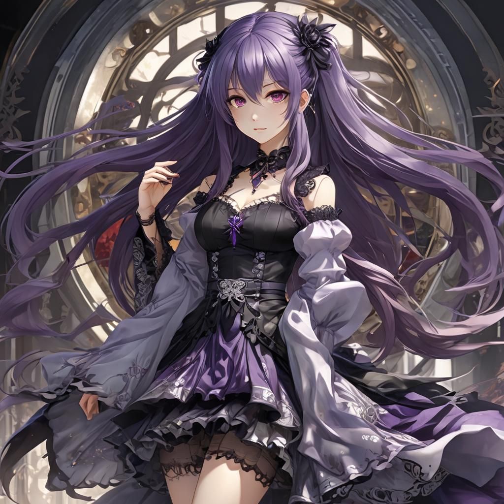 Anime Girl Portrait in Purple Dress, Detailed Art