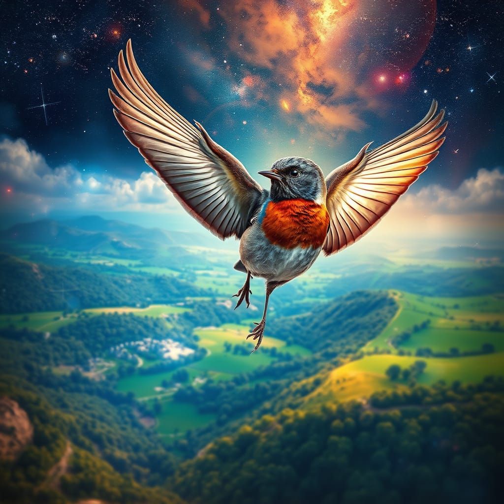 Robin Soaring Over Countryside in Astral Illustration
