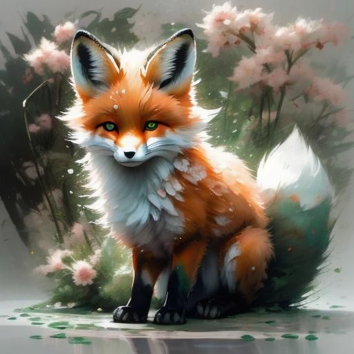 Adorable Newborn Fox in Sparkling Forest, Digital Painting