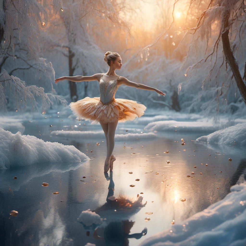 Ballerina Dances on Frozen Pond at Sunset