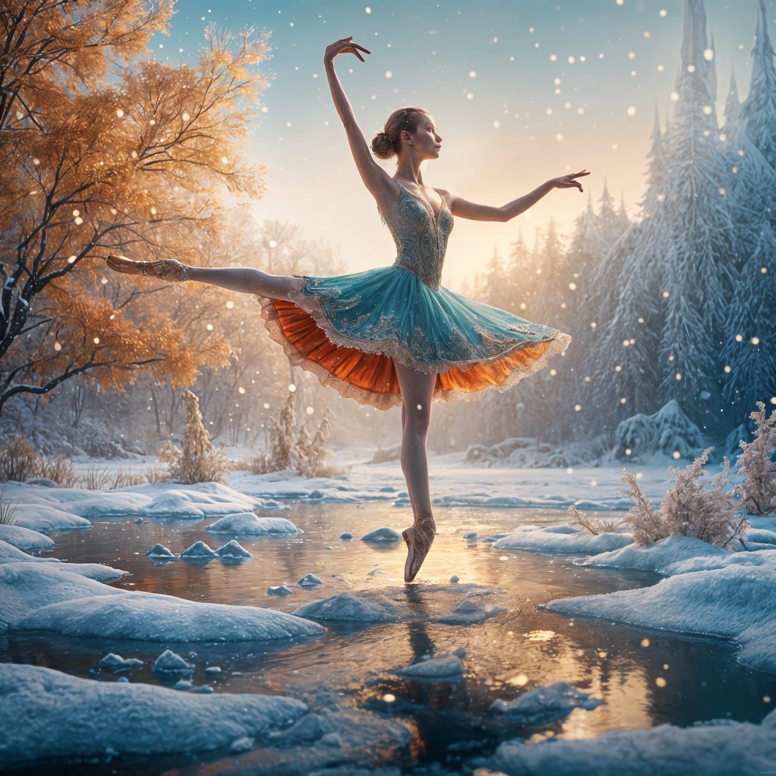 Ballerina Dances on Iced Pond: Detailed Matte Painting
