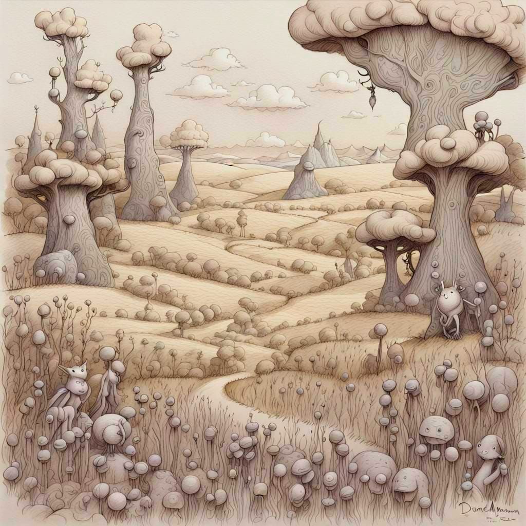 Whimsical Doodle Prairie Landscape in Pencil Sketch