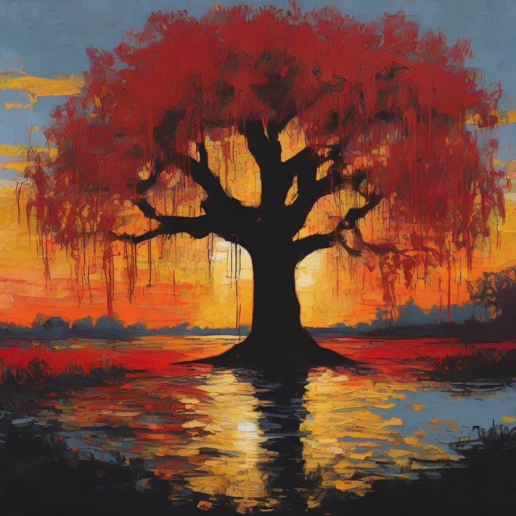 Lone Silhouette Reads Under Weeping Willow in Van Gogh Style