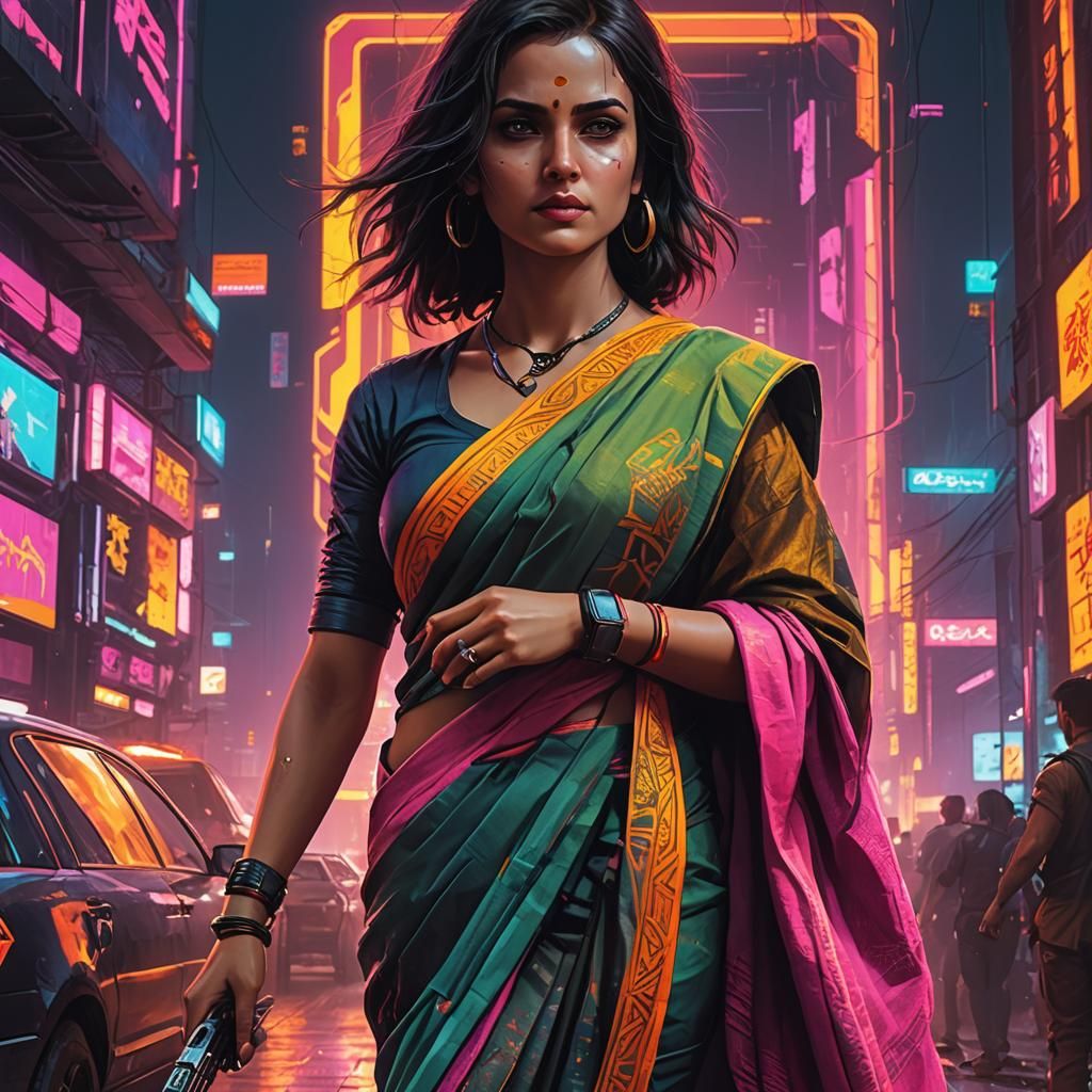 Cyberpunk Woman in Vibrant Saree, Neon Cityscape