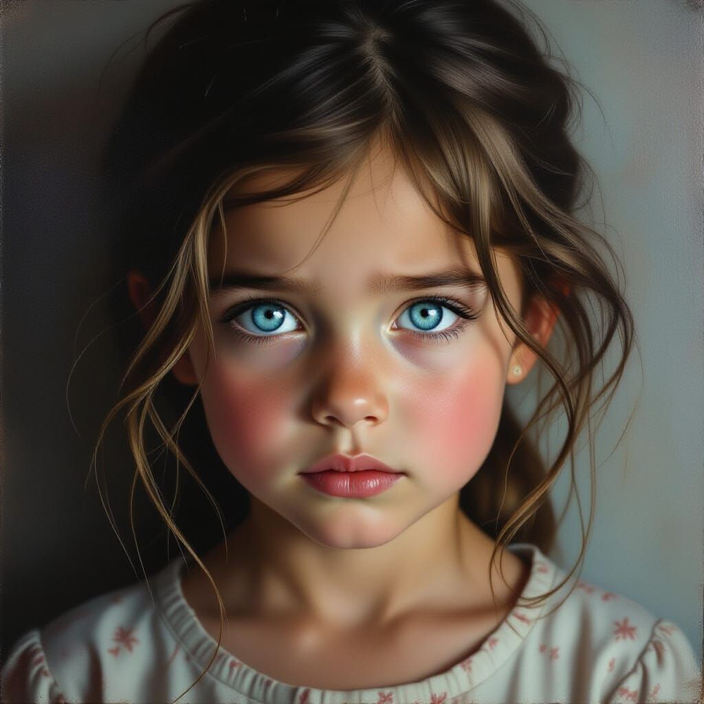 Young Girl's Fearful Gaze in Dramatic Oil Painting
