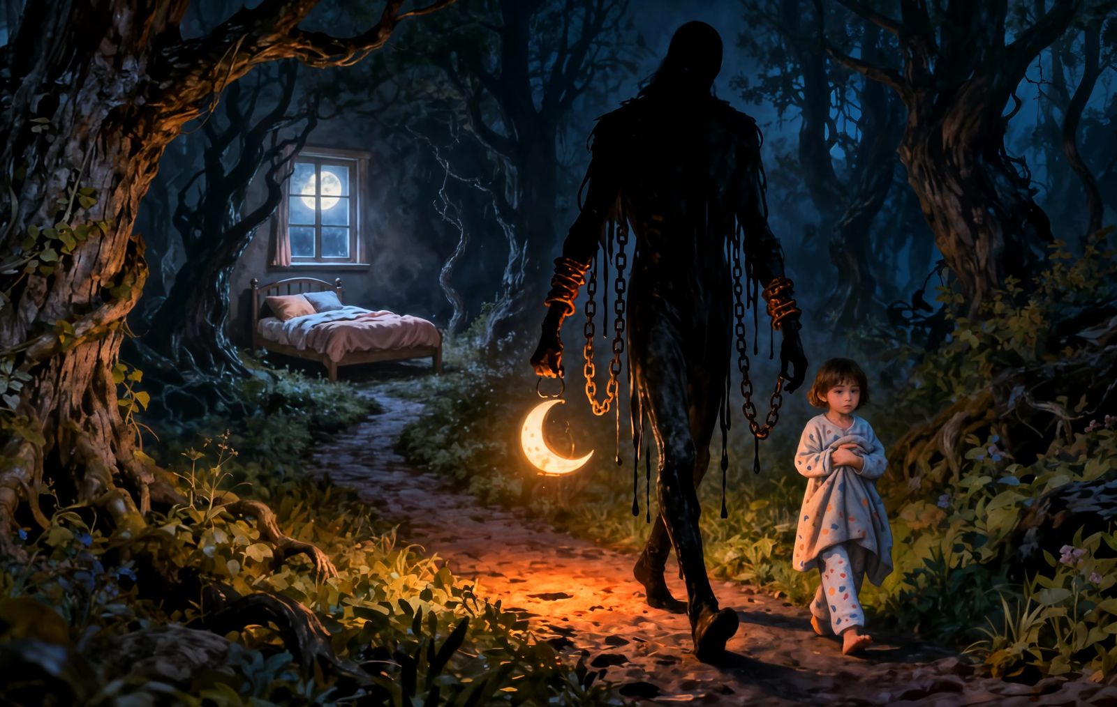 Eerie Forest Path to a Moonlit Bed