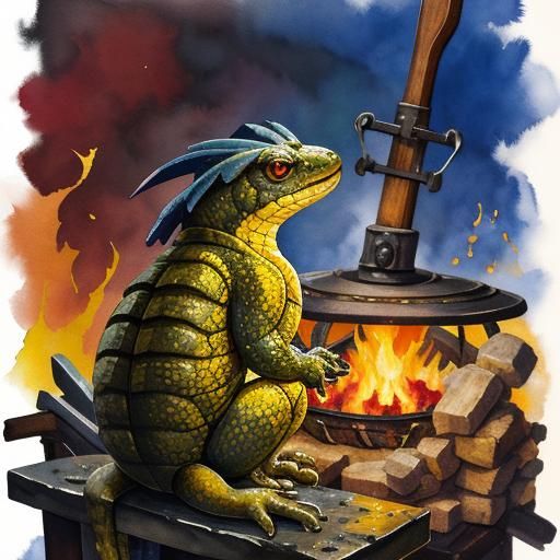 Fire Salamander in Forge: Gouache Impressionist Masterpiece