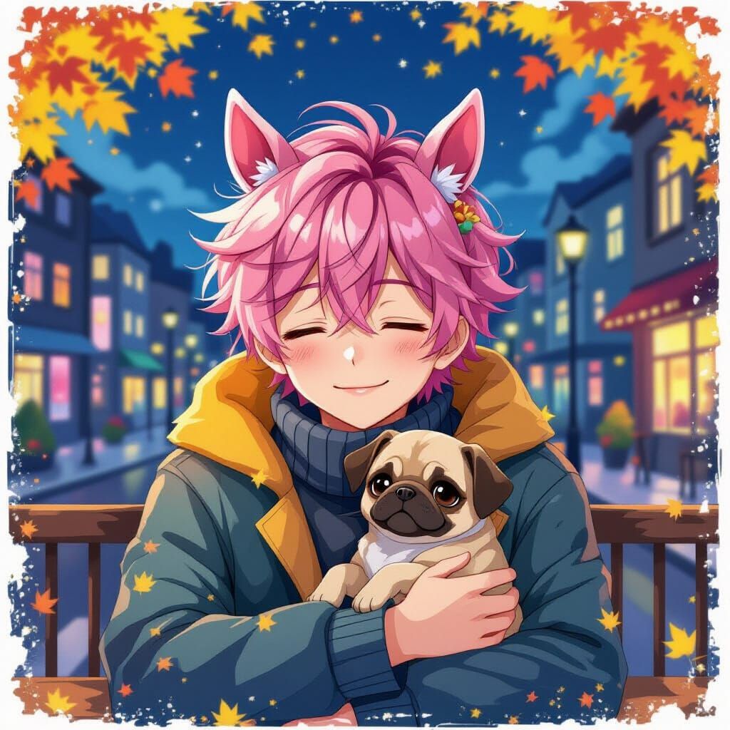 Anime Boy Dreams in Autumn Cityscape