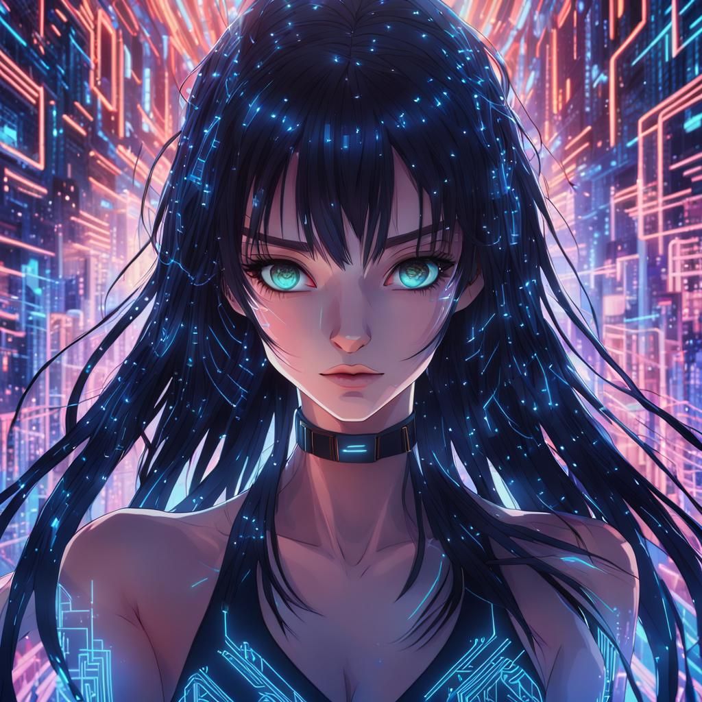 Anime Goddess in Neon Cyber Codes