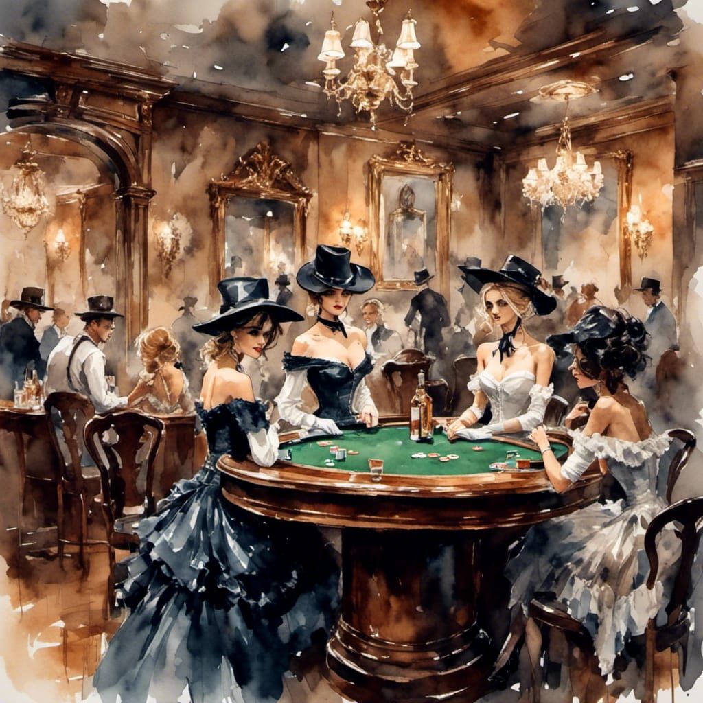 Wild West Casino Scene in Antique Watercolor Style
