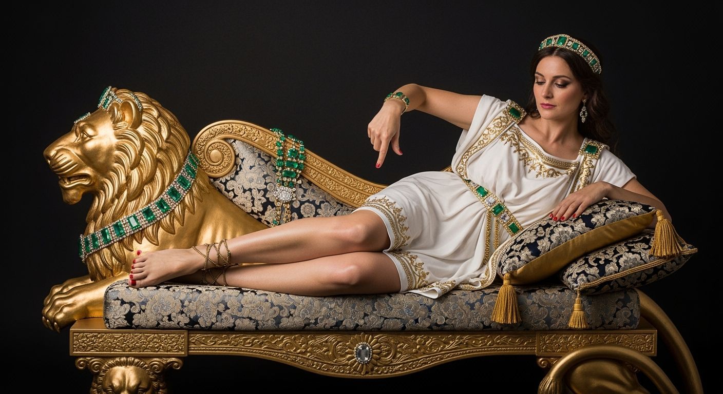 Roman Empress Lounging on Golden Lion Chaise Longue
