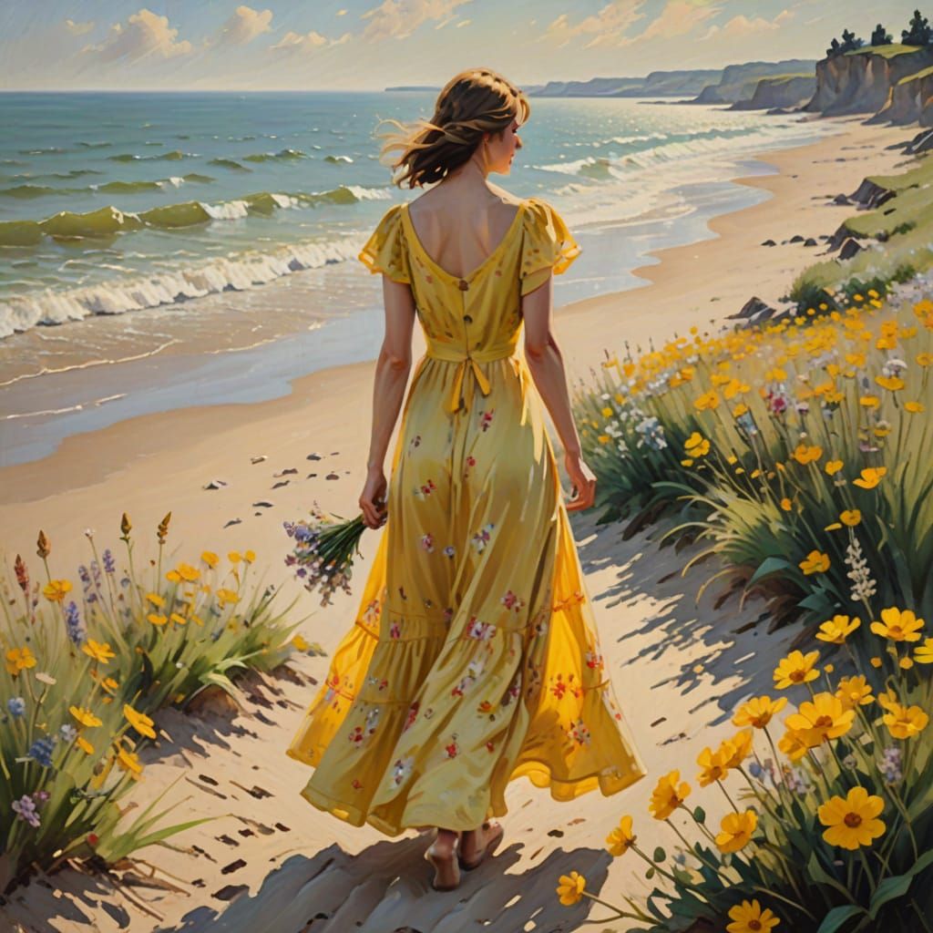 Woman with Flowers: Impressionist Oil Painting on Beach