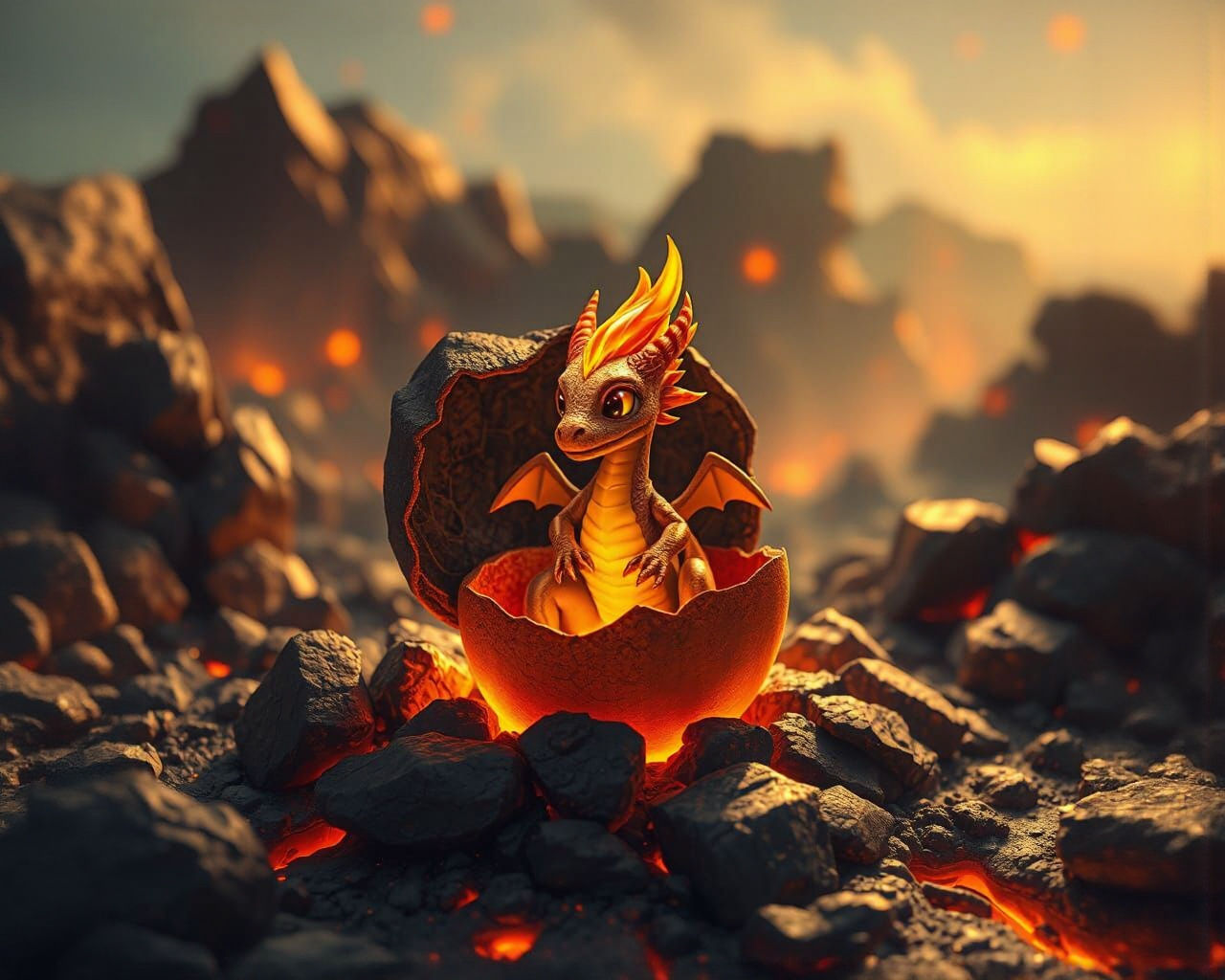 Fiery Hatchling: Dragon Emerges in Volcanic Light