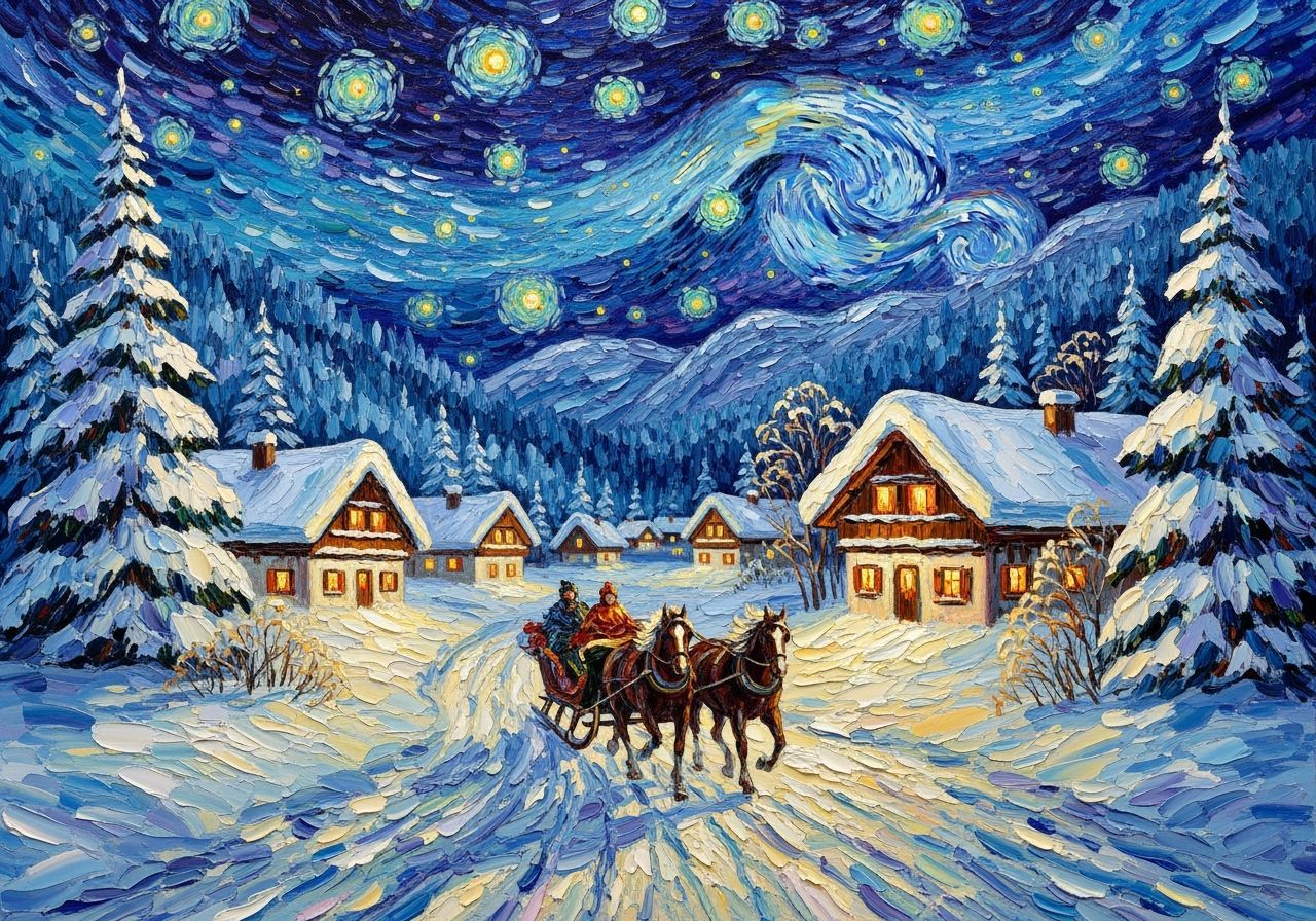 Sleigh Ride Through Snowy Village at Night