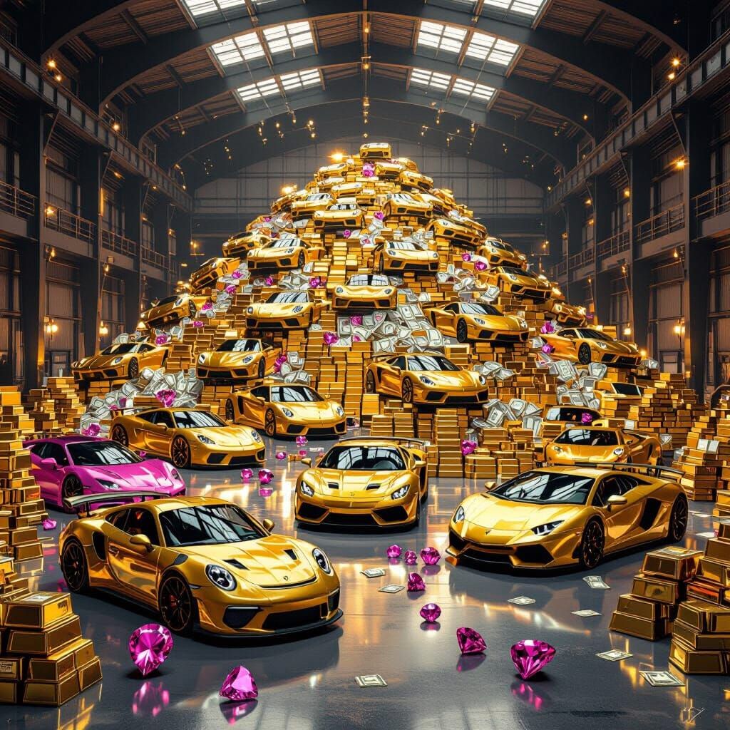 Luxury Warehouse Overflowing with Supercars, Gold, and Diamo...