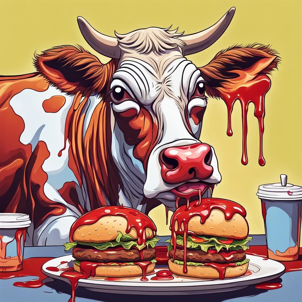 Toon Cow Eating Burger in Restaurant Masterpiece