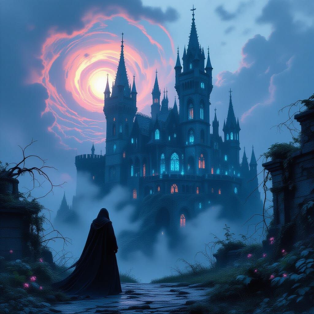 Gothic Figure Before Bioluminescent Castle in Twilight