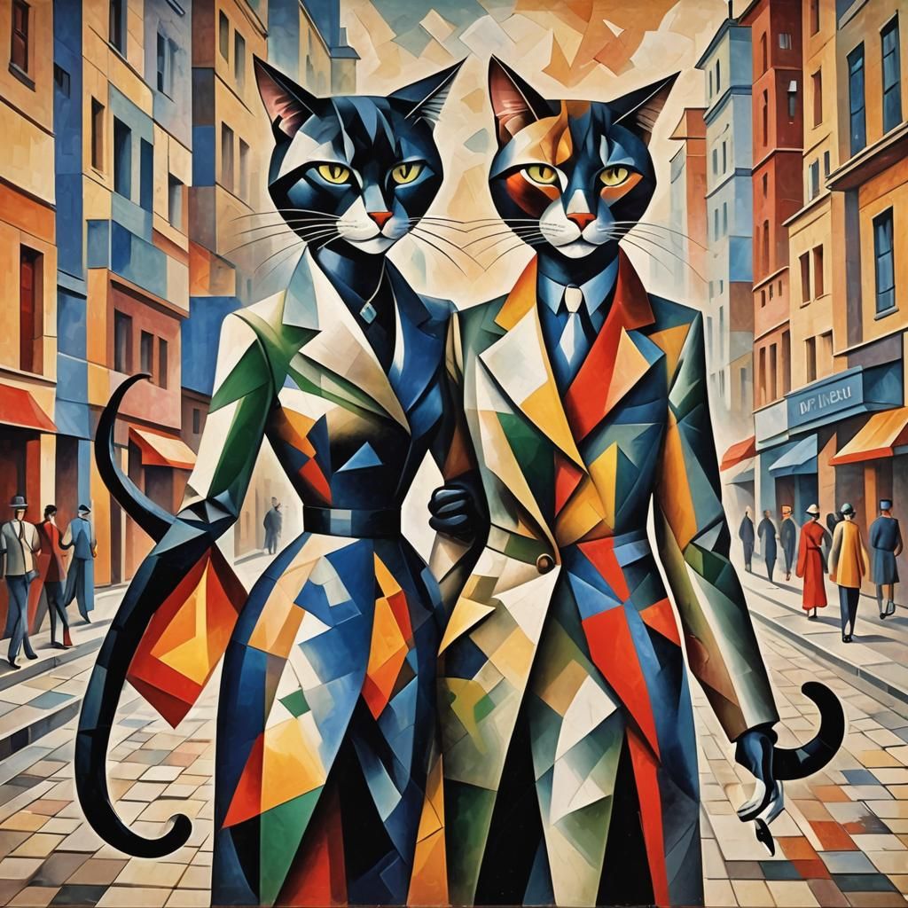 Cats on the Town in Abstract Cubist Style