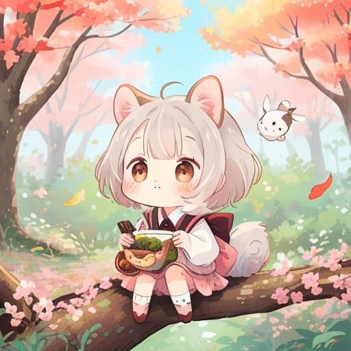 Whimsical Anime Squirrel Girl in Autumn Landscape